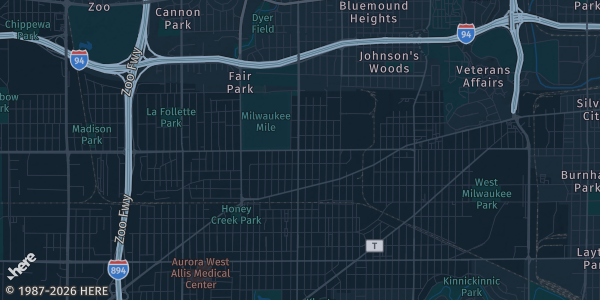 Map of West Allis, WI. The exact address of WI State Fair Park is not known, so the map shows the area rather than a specific building.