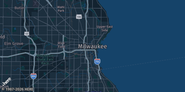 Map of Milwaukee, WI. The exact address of Sheraton Milwaukee Brookfield is not known, so the map shows the area rather than a specific building.