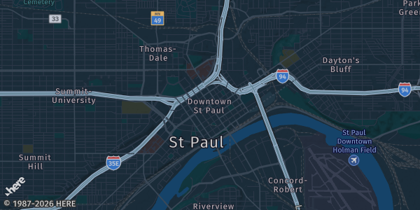 Map of St. Paul, MN. The exact address of Saint Paul RiverCentre is not known, so the map shows the area rather than a specific building.