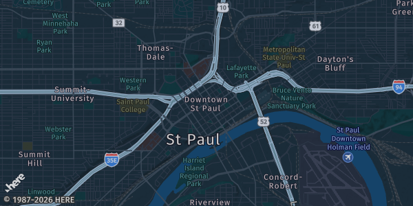 Map of St. Paul, MN. The exact address of Saint Paul RiverCentre is not known, so the map shows the area rather than a specific building.