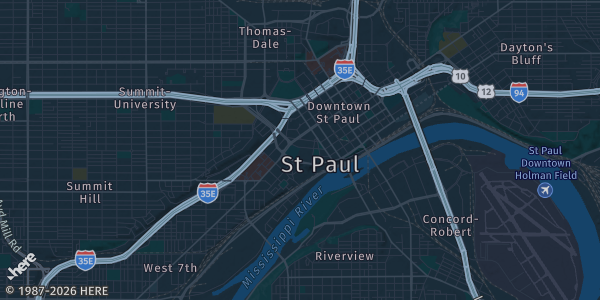 Map of Saint Paul, MN. The exact address of Saint Paul RiverCentre is not known, so the map shows the area rather than a specific building.