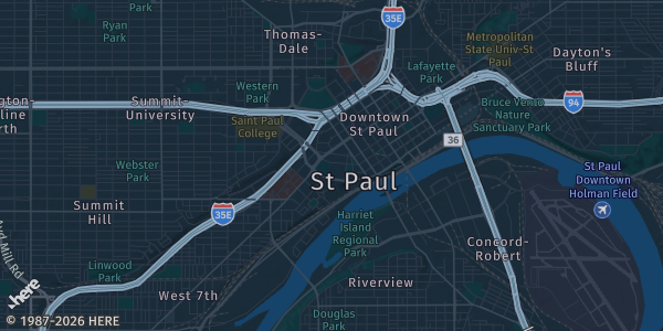 Map of Saint Paul, MN. The exact address of Saint Paul RiverCentre is not known, so the map shows the area rather than a specific building.