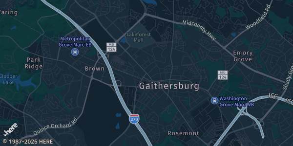 Map of Gaithersburg, MD. The exact address of Gaithersburg Marriott Washingtonian Center is not known, so the map shows the area rather than a specific building.