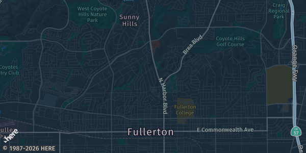 Map of Fullerton, CA. The exact address of Fullerton Community Center - Basketball Gym is not known, so the map shows the area rather than a specific building.