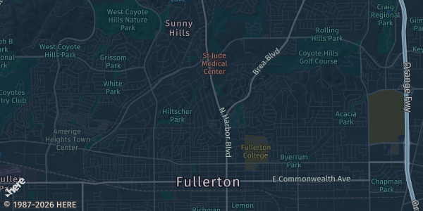 Map of Fullerton, CA. The exact address of Fullerton Community Center - Basketball Gym is not known, so the map shows the area rather than a specific building.