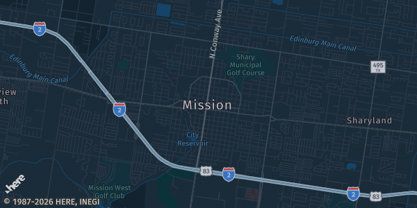 Map of Mission, TX. The exact address of Sharyland Bannworth Gym is not known, so the map shows the area rather than a specific building.