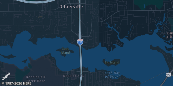 Map of D'Iberville, MS. The exact address of D'Iberville Community Center is not known, so the map shows the area rather than a specific building.