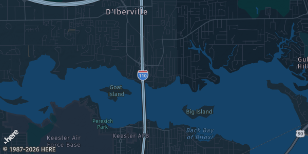 Map of D'Iberville, MS. The exact address of D'Iberville Community Center is not known, so the map shows the area rather than a specific building.