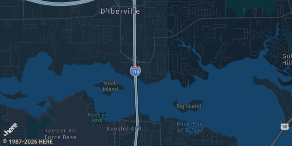 Map of D'Iberville, MS. The exact address of D'Iberville Community Center is not known, so the map shows the area rather than a specific building.