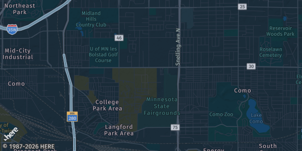 Map of Falcon Heights, MN. The exact address of North End Event Center, Minnesota State Fairgrounds is not known, so the map shows the area rather than a specific building.