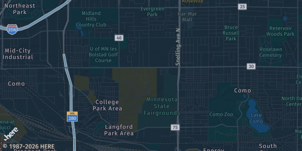 Map of Falcon Heights, MN. The exact address of North End Event Center, Minnesota State Fairgrounds is not known, so the map shows the area rather than a specific building.