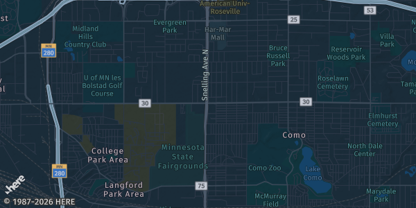 Map of Falcon Heights, MN. The exact address of Minnesota State Fair Grandstand is not known, so the map shows the area rather than a specific building.