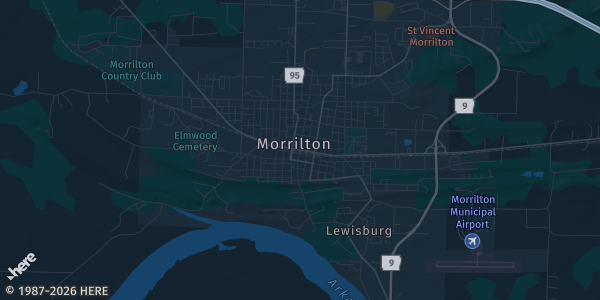 Map of Morrilton, AR. The exact address of Point Remove Brewing Company is not known, so the map shows the area rather than a specific building.