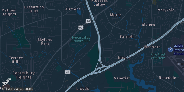 Map of Mobile, AL. The exact address of The Grand Hall is not known, so the map shows the area rather than a specific building.