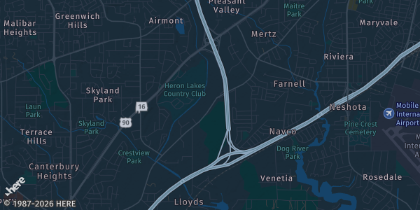 Map of Mobile, AL. The exact address of The Grand Hall is not known, so the map shows the area rather than a specific building.