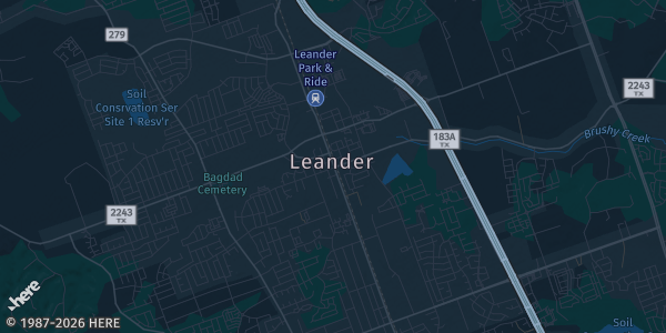 Map of Leander, TX. The exact address of The Fieldhouse at The Crossover is not known, so the map shows the area rather than a specific building.