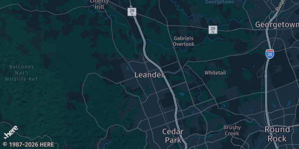 Map of Leander, TX. The exact address of Ice & Field at the Crossover is not known, so the map shows the area rather than a specific building.