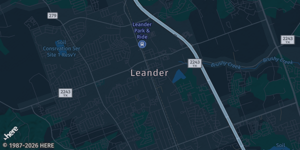 Map of Leander, TX. The exact address of The Fieldhouse at The Crossover is not known, so the map shows the area rather than a specific building.