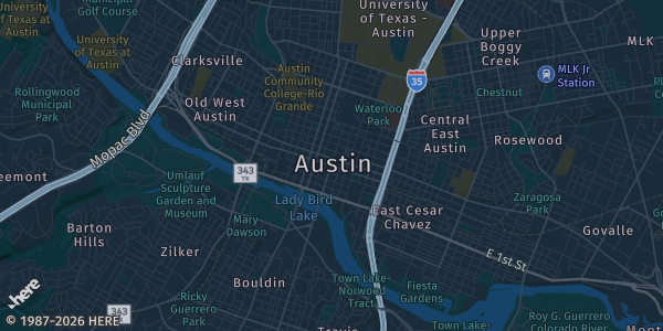 Map of Austin, TX. The exact address of Branch Park Pavilion (Mueller) is not known, so the map shows the area rather than a specific building.