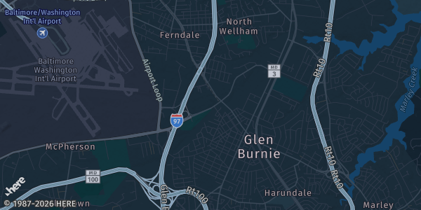 Map of Glen Burnie, MD. The exact address of Monsignor Slade Catholic School is not known, so the map shows the area rather than a specific building.