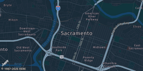 Map of Sacramento, CA. The exact address of Monster Collectibles Show is not known, so the map shows the area rather than a specific building.