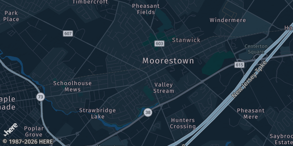 Map of Moorestown, NJ. The exact address of Jersey Hoops Academy is not known, so the map shows the area rather than a specific building.