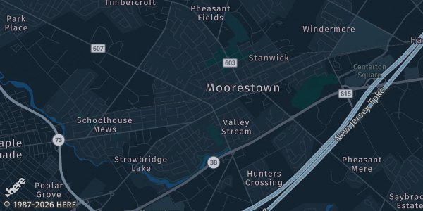 Map of Moorestown, NJ. The exact address of Jersey Hoops Academy is not known, so the map shows the area rather than a specific building.