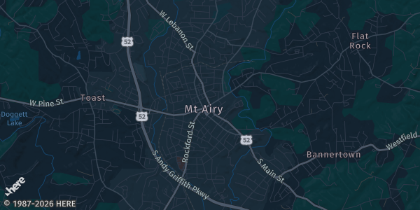 Map of Mt. Airy, NC. The exact address of Mt. Airy High School is not known, so the map shows the area rather than a specific building.