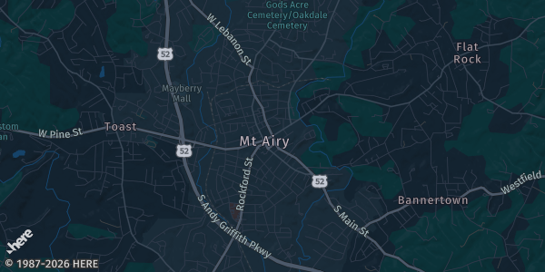 Map of Mt. Airy, NC. The exact address of Mt. Airy High School is not known, so the map shows the area rather than a specific building.