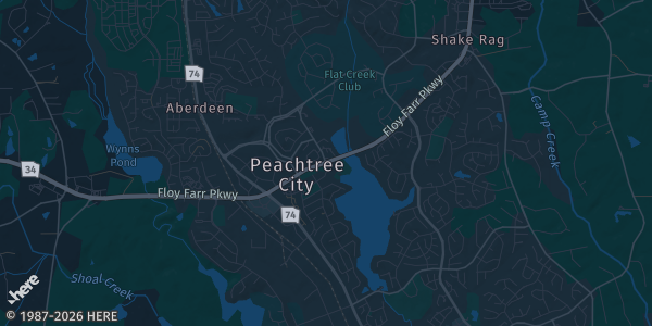 Map of Peachtree City, GA. The exact address of Hilton Peachtree City Atlanta Hotel & Conference Center is not known, so the map shows the area rather than a specific building.
