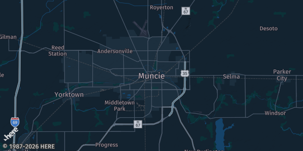Map of Muncie, IN. The exact address of this venue is not known, so the map shows the area rather than a specific building.