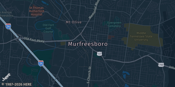 Map of Murfreesboro, TN. The exact address of Ramada Inn is not known, so the map shows the area rather than a specific building.