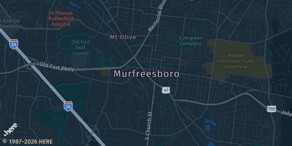 Map of Murfreesboro, TN. The exact address of Ramada Inn is not known, so the map shows the area rather than a specific building.