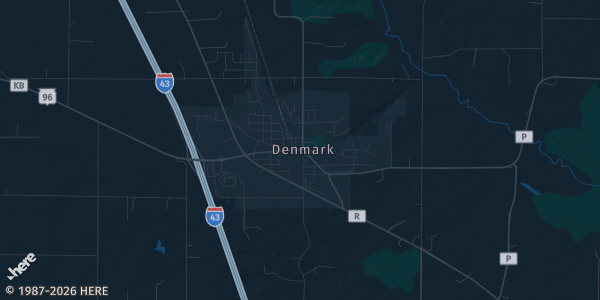 Map of Denmark, WI. The exact address of Gatherings 43 is not known, so the map shows the area rather than a specific building.