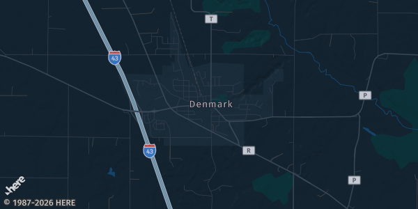 Map of Denmark, WI. The exact address of Gatherings 43 is not known, so the map shows the area rather than a specific building.