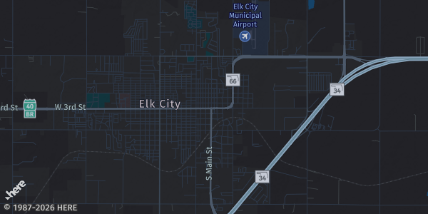 Map of Elk City, OK. The exact address of Elk City Convention Center is not known, so the map shows the area rather than a specific building.