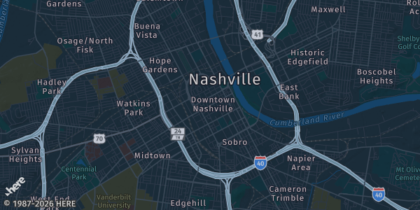 Map of Nashville, TN. The exact address of Nashville Trading Card Convention is not known, so the map shows the area rather than a specific building.