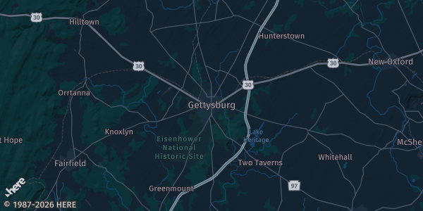 Map of Gettysburg, PA. The exact address of Eisenhower Hotel Ballroom is not known, so the map shows the area rather than a specific building.