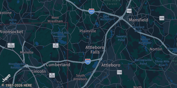 Map of North Attleboro, MA. The exact address of Native Sun Dispensary is not known, so the map shows the area rather than a specific building.