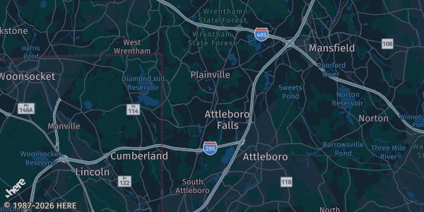 Map of North Attleboro, MA. The exact address of Native Sun Dispensary is not known, so the map shows the area rather than a specific building.
