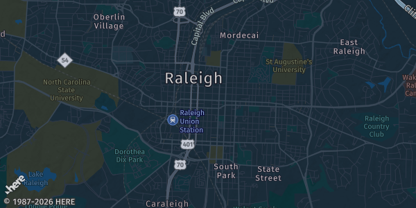Map of Raleigh, NC. The exact address of Kerr Scott Building, NC State Fairgrounds is not known, so the map shows the area rather than a specific building.