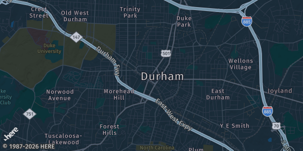 Map of Durham, NC. The exact address of NC Comiccon is not known, so the map shows the area rather than a specific building.