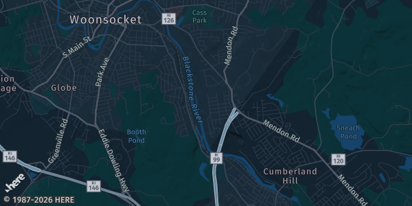 Map of Woonsocket, RI. The exact address of Saint Joseph Veterans Association is not known, so the map shows the area rather than a specific building.