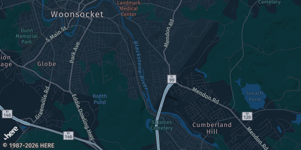 Map of Woonsocket, RI. The exact address of Saint Joseph Veterans Association is not known, so the map shows the area rather than a specific building.