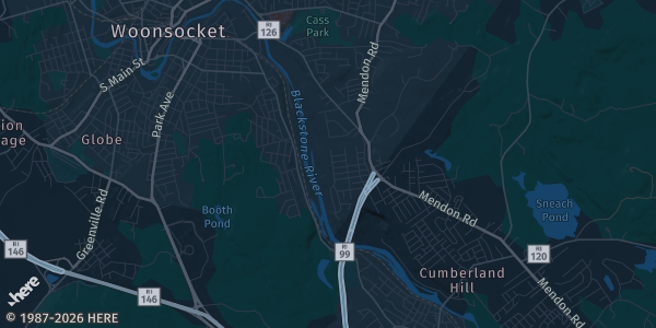 Map of Woonsocket, RI. The exact address of Saint Joseph Veterans Association is not known, so the map shows the area rather than a specific building.