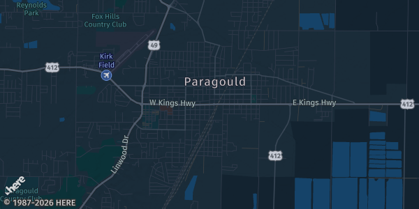 Map of Paragould, AR. The exact address of Paragould Community Center is not known, so the map shows the area rather than a specific building.