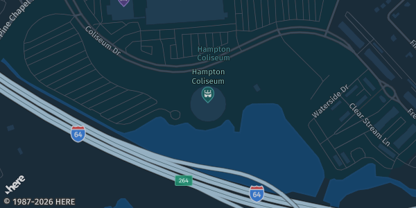 Map showing Hampton Roads Convention Center in Hampton, VA.