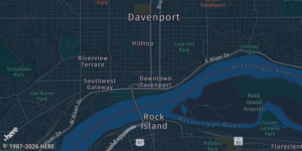 Map of Davenport, IA. The exact address of The River Center is not known, so the map shows the area rather than a specific building.