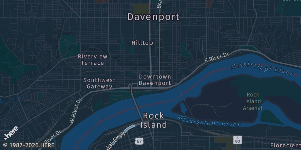 Map of Davenport, IA. The exact address of The River Center is not known, so the map shows the area rather than a specific building.
