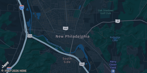 Map of New Philadelphia, OH. The exact address of New Towne Mall is not known, so the map shows the area rather than a specific building.